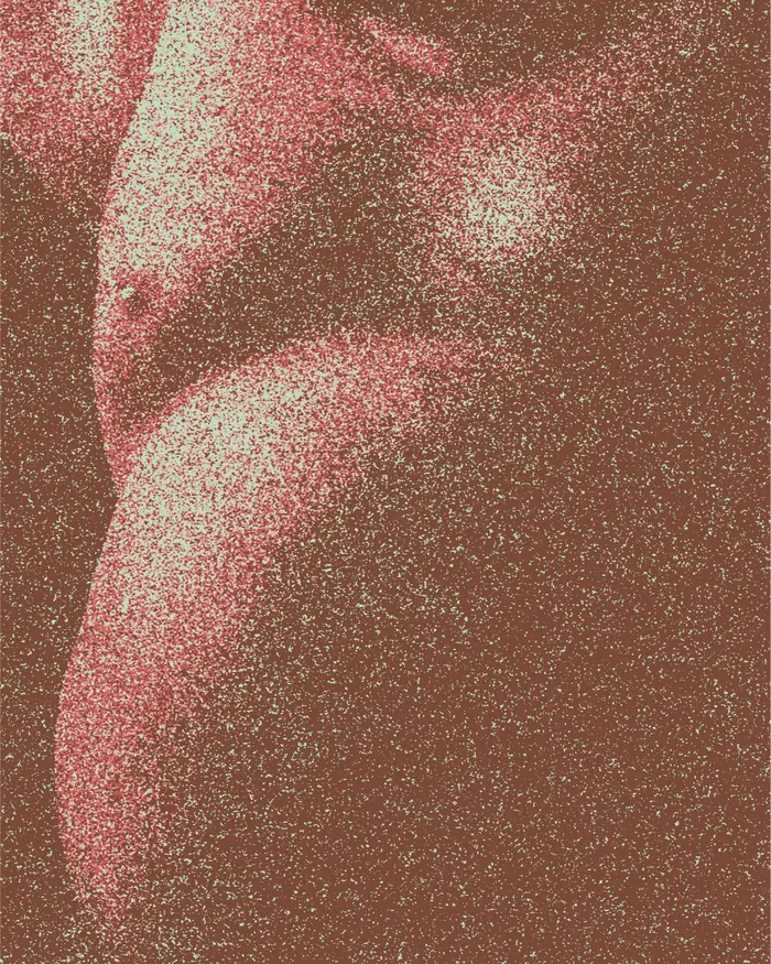 Pat — poster with a hard grainy tritone texture.